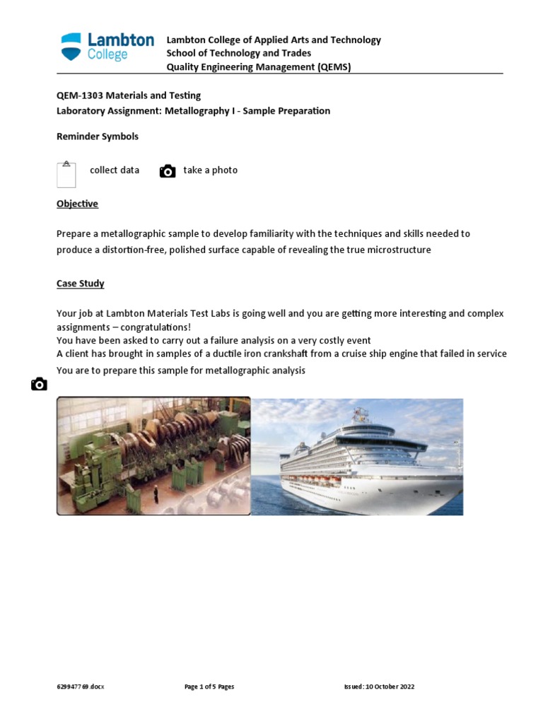 Metallography I Lab Assignment For D2L PDF Materials