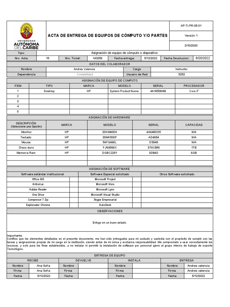Acta de Entrega de Equipos de Computo Yo Partes | PDF | Microsoft ...