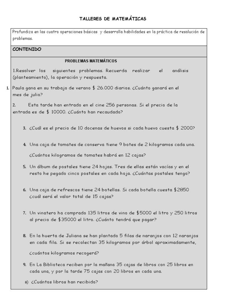Talleres de matemáticas: Resolución de problemas y operaciones básicas ...
