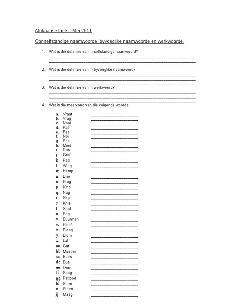 afrikaanse toets mei 2010 selfstandige naamwoorde byvoeglike naamwoorde