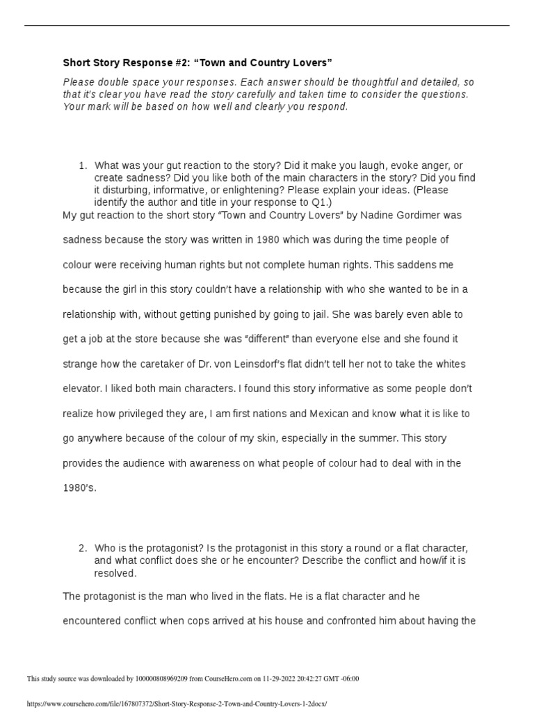 Short Story Response 2 Town and Country Lovers 1 2 PDF