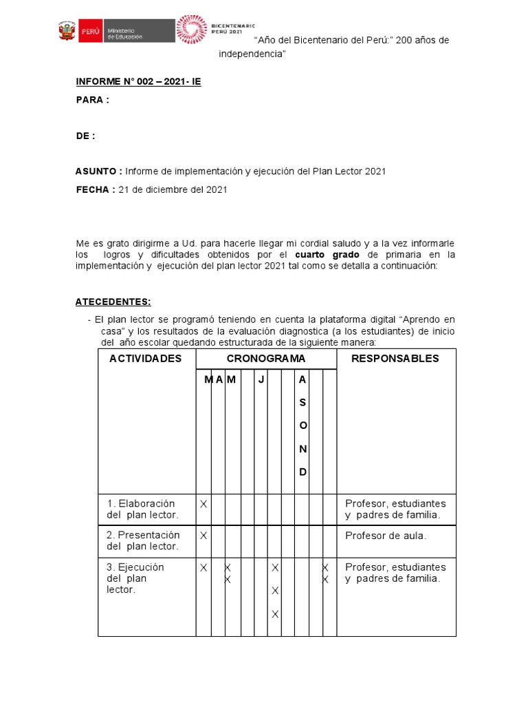 Informe De Implementacion Y Ejecucion Del Plan Lector 2021 Pdf