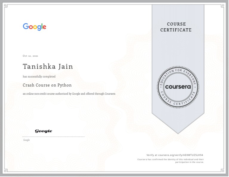 Certificate of Crash Course On Python | PDF
