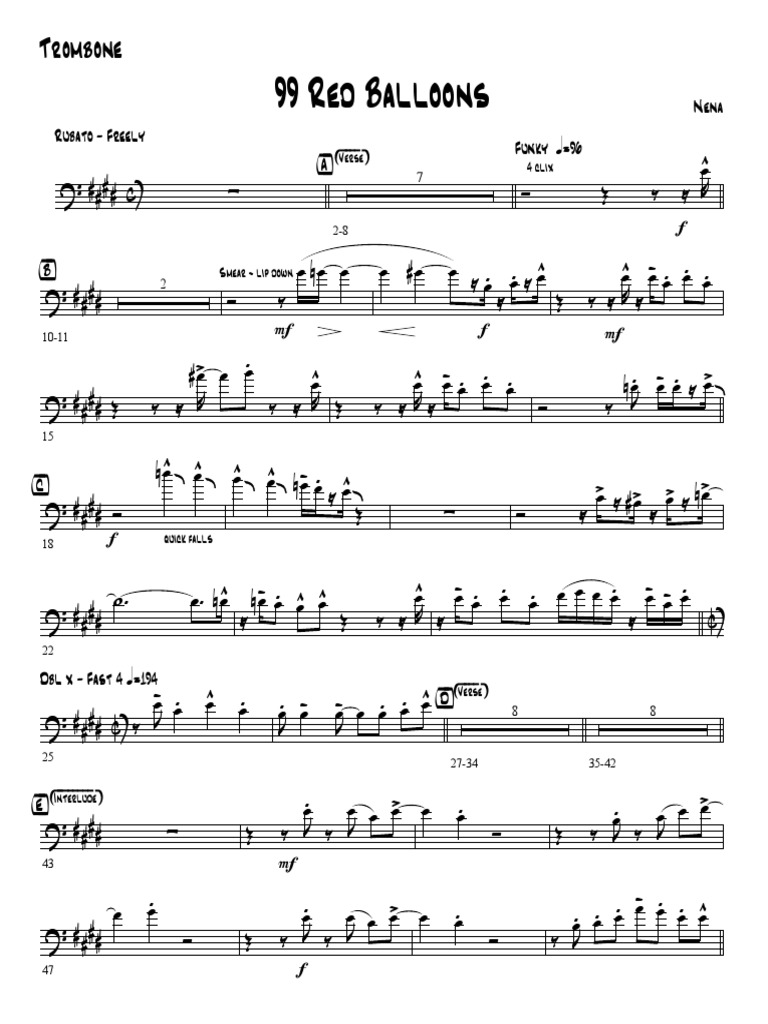 99 Red Balloons Trombone PDF