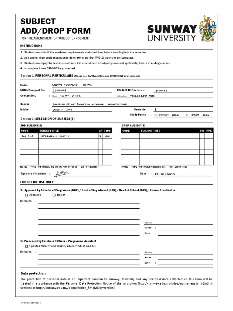 2015 Sun-U Subject Add Drop Form (05022015) | PDF | Course Credit