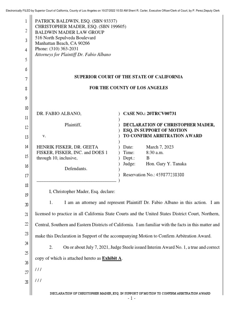 CA - LA County - Case 20TRCV00731 - Albano-V.-fisker-LA-County-Superior ...