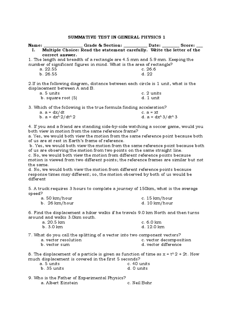 Summative Test In General Physics 1 Pdf