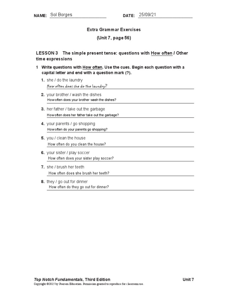 UNIT 07 Extra Grammar Exercises Lesson 3 How Often - My Answers | PDF ...