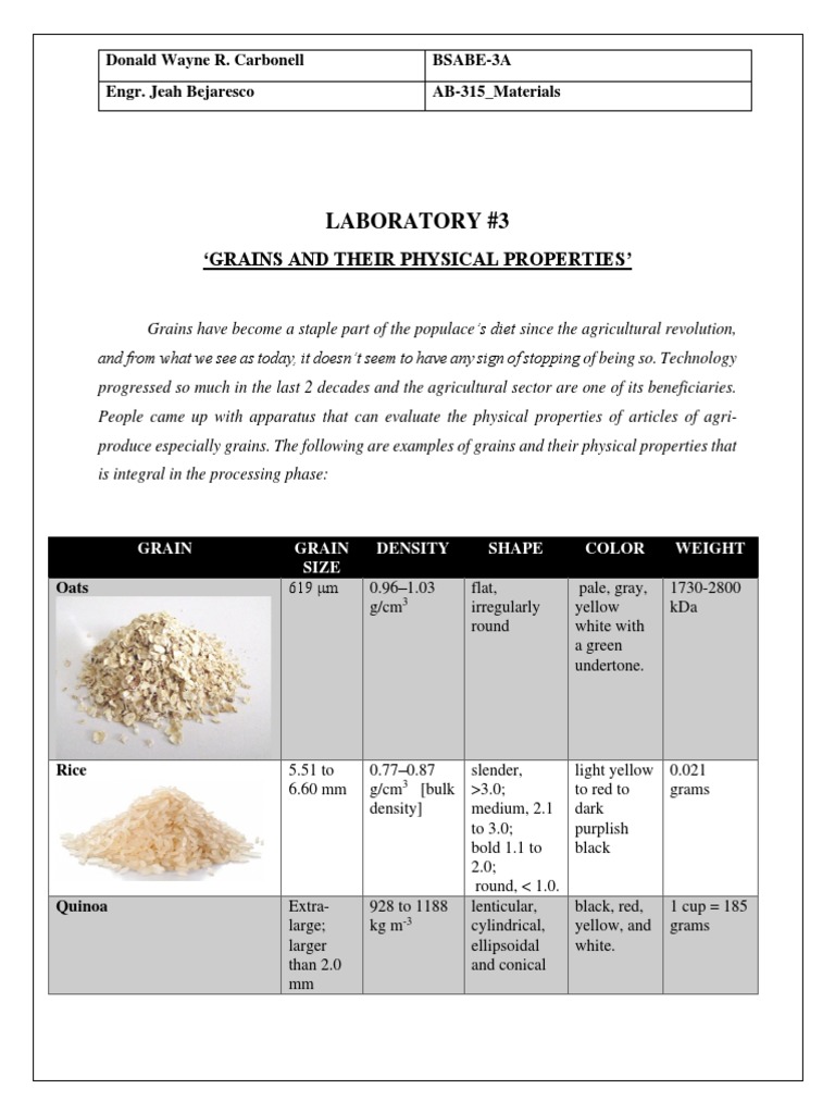 Grains and Physical Properties. PDF Food And Drink Staple Foods