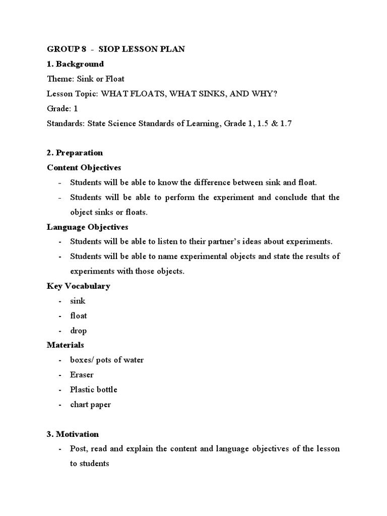Sink or Float Lesson Plan for Grade 1 | PDF | Cognitive Science | Learning