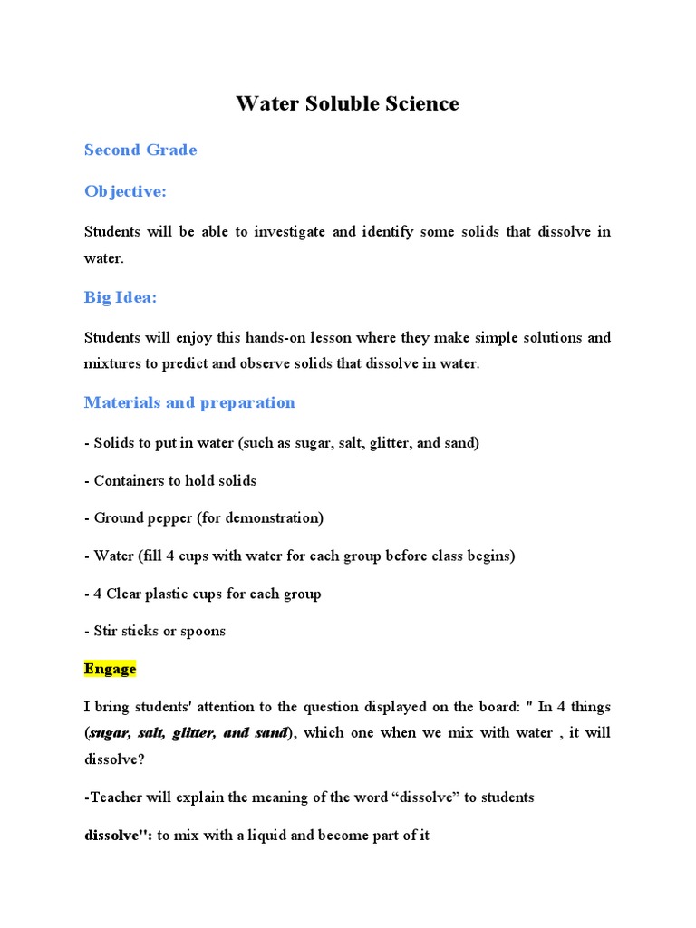 Lesson Plan - 5E - Water Soluble Science | PDF | Solubility | Water