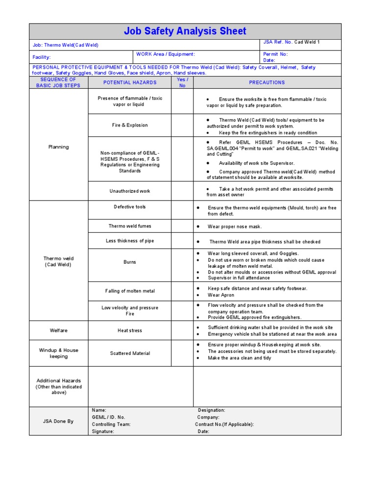 Job Safety Analysis for Thermo Weld (Cad Weld | PDF | Welding ...