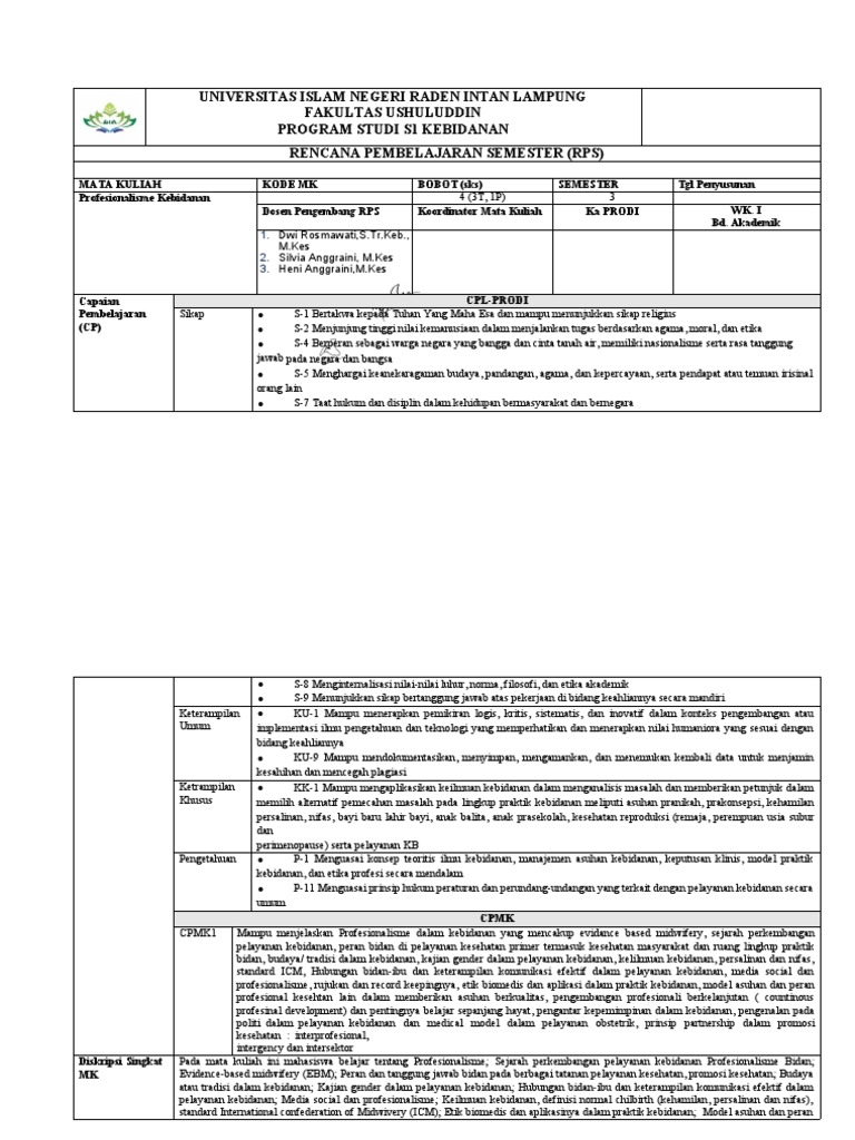 RPS Profesionalisme Kebidanan UIN Raden Intan | PDF