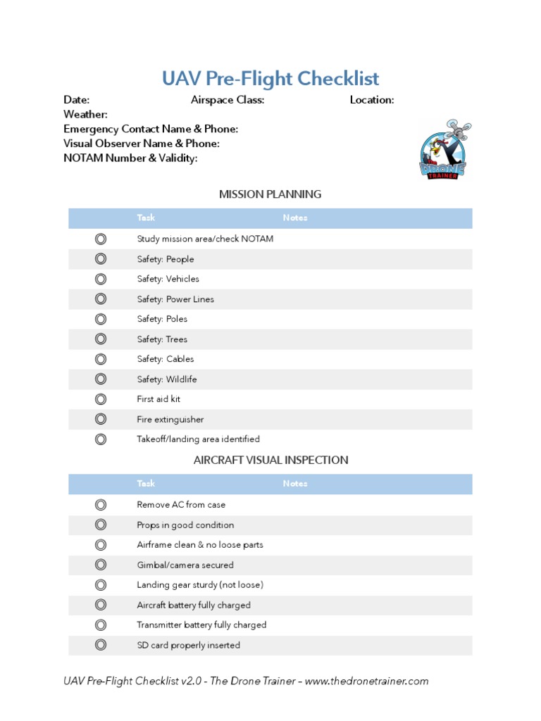 UAV Pre-Flight Checklist Template | PDF | Unmanned Aerial Vehicle ...