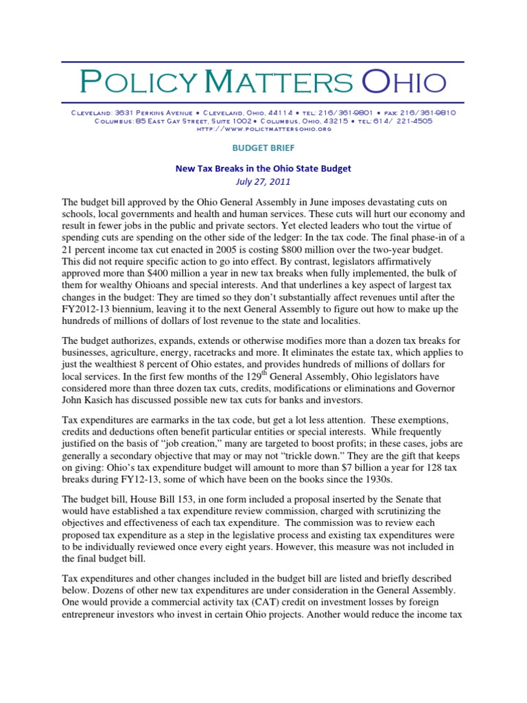 Policy Matters Ohio - Tax Breaks For Wealthy and Special Interests ...