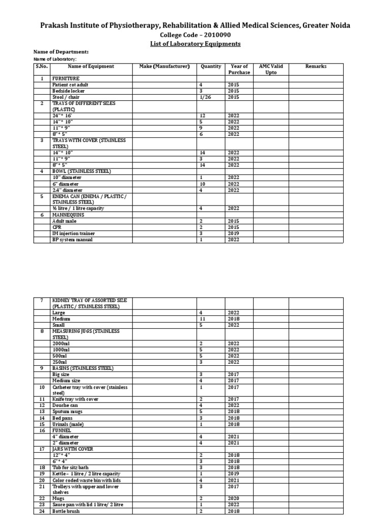 Laboratory Equipment Inventory List | PDF | Surgical Suture