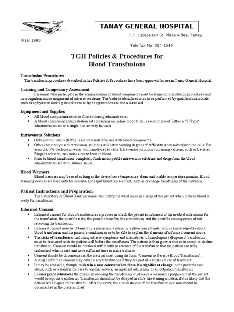 Blood Transfusions TGH Policies & Procedures PDF Blood