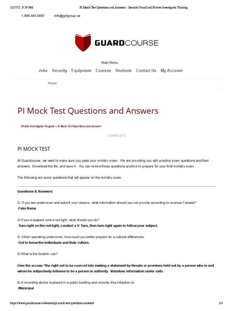 PI Mock Test Questions and Answers Security Guard and Private