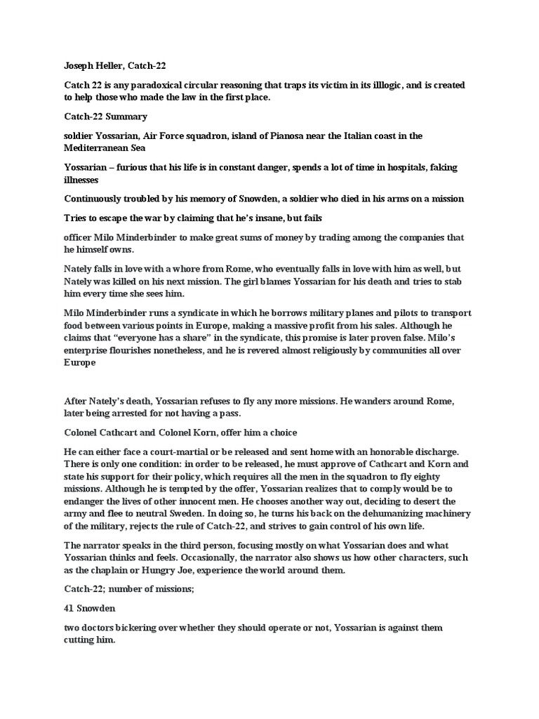 Catch 22 Reading Notes | PDF | Mystery, Thriller & Crime Fiction