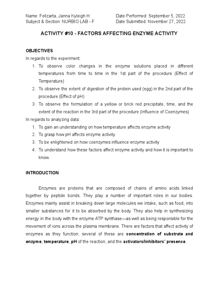 Activity 10 Factors Affecting Enzyme Activity PDF Enzyme Hydrochloric Acid