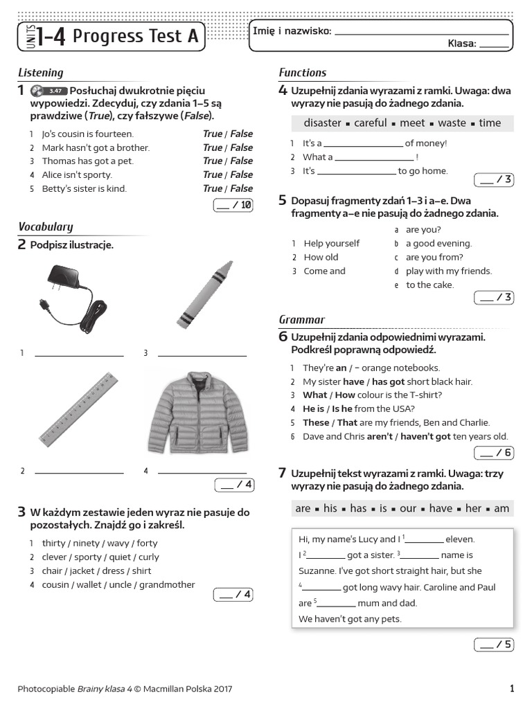 Progress Test Unit 1-4. Wersja A | PDF