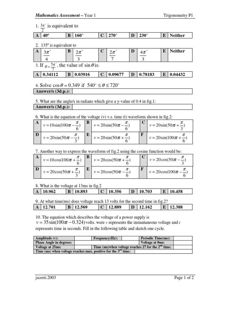 Year 1 Trigonometry Assessment Questions | PDF