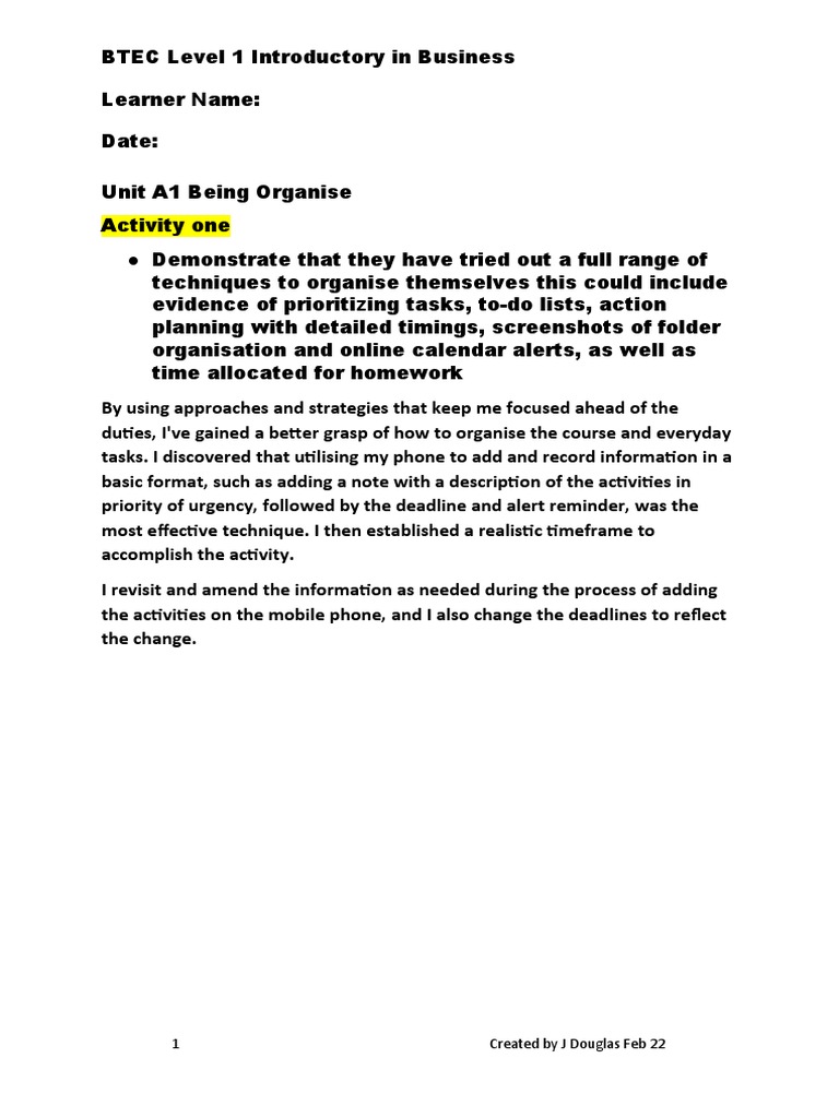 Unit A1 Being Organised - Activity End of Unit Statement - Feb 22 | PDF ...