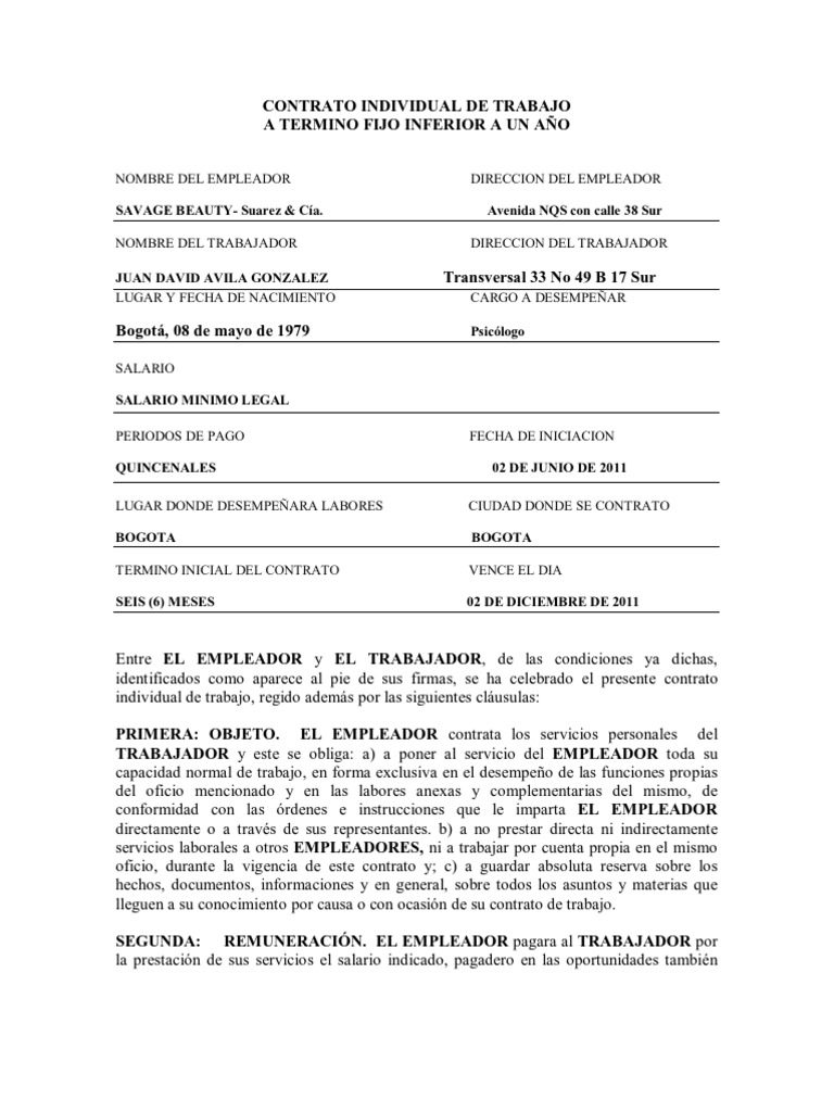 Contrato Individual de Trabajo PDF Derecho