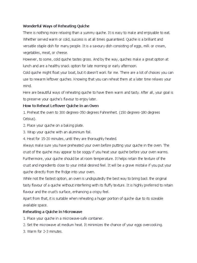 Amazing Ways of Reheating Quiche. PDF Oven Baking