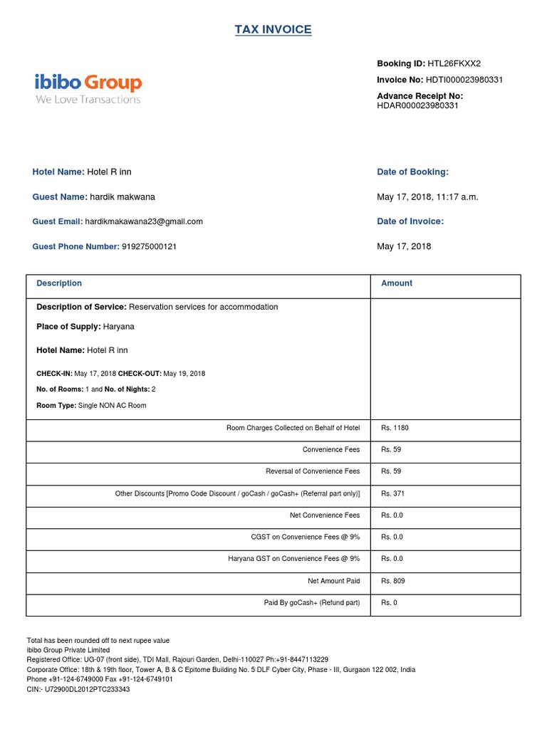 Hotel R Inn Tax Invoice for Booking HTL26FKXX2 | PDF | Invoice | Taxation