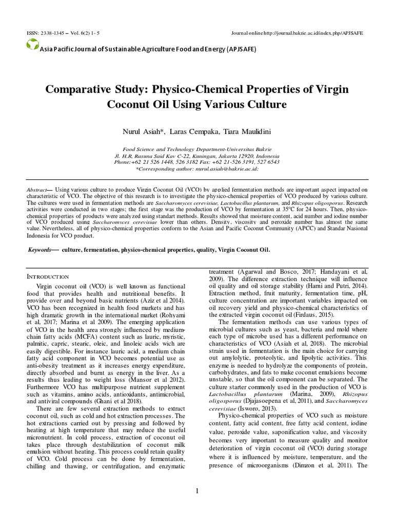 Physico-Chemical Properties of VCO | PDF | Coconut Oil | Fatty Acid