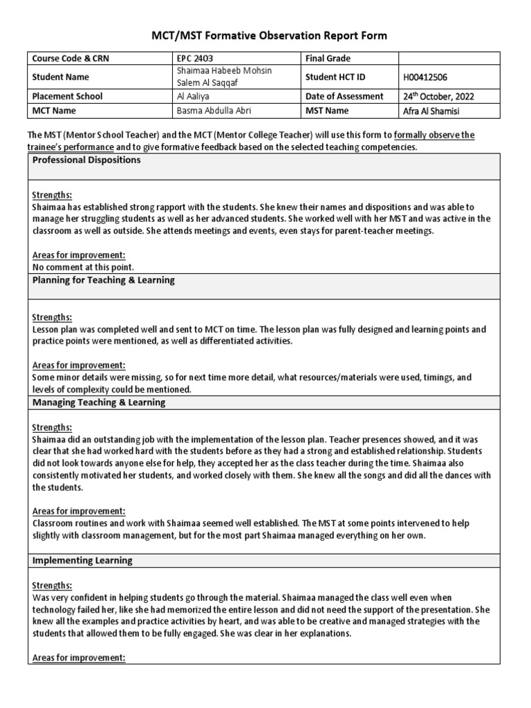 MCT/MST Observation Report for Shaimaa | PDF | Behaviorism | Communication
