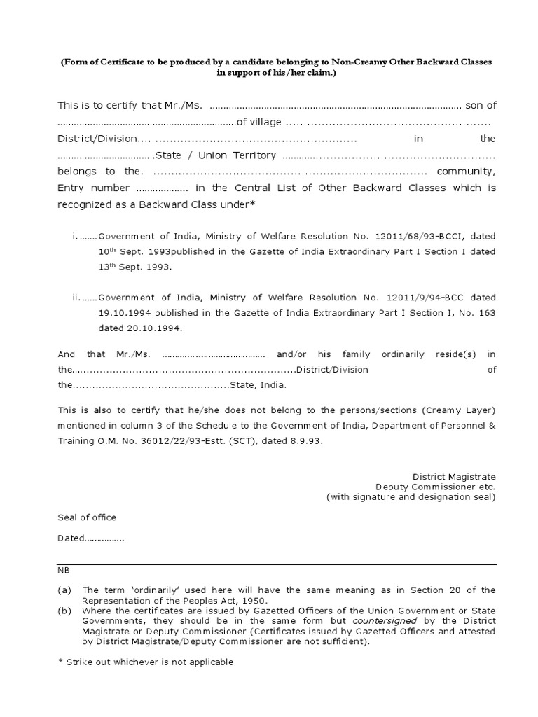 NC OBC Certificate 2022 PDF Social Inequality Discrimination 