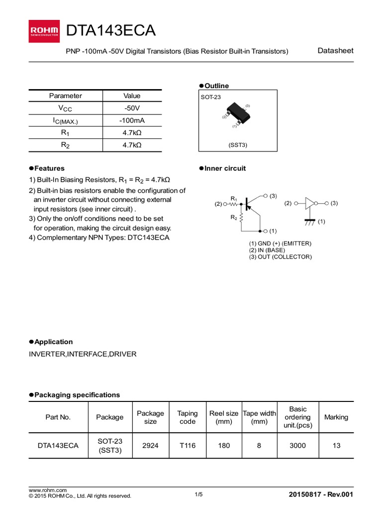 5d DTA143ECAT116 | PDF | Bipolar Junction Transistor | Resistor