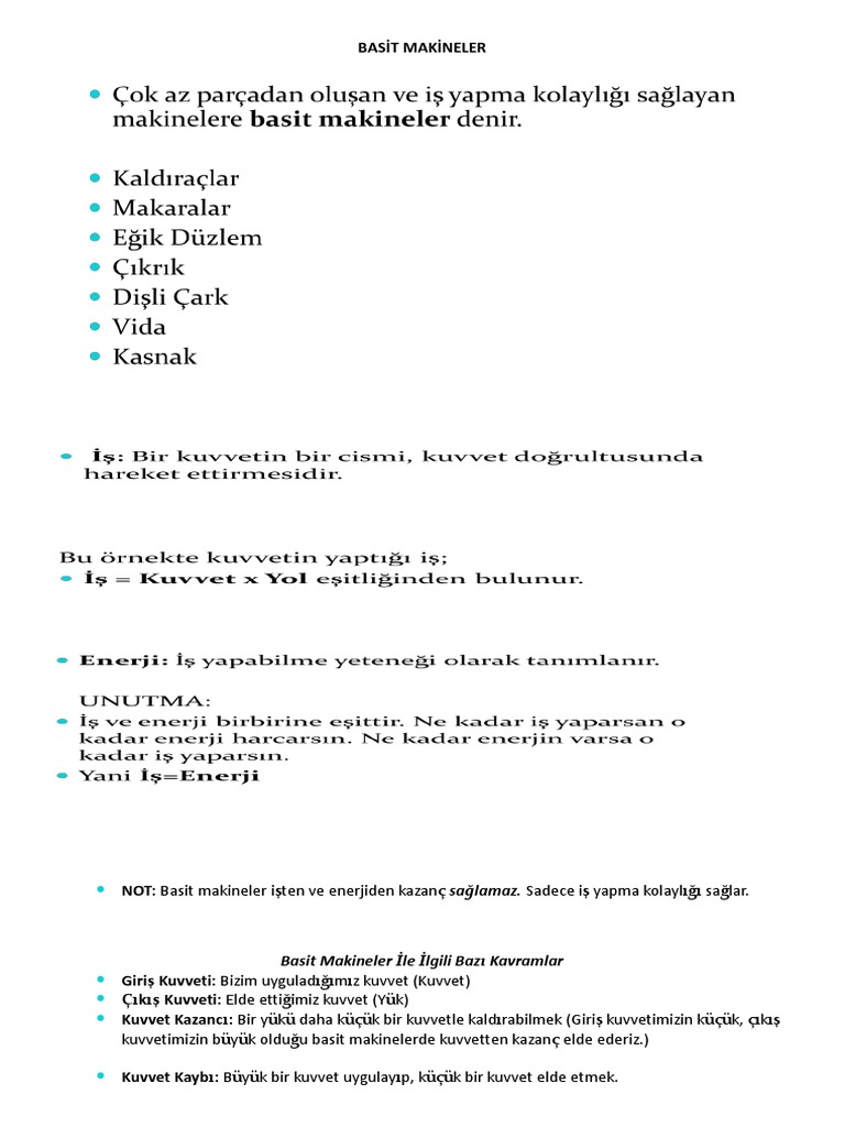 8.sinif Fen Bilimleri 5. Unite Basit Makineler Konu Anlatimi | PDF