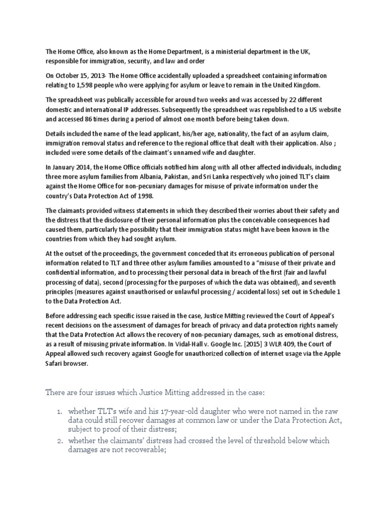 Home Office Case Brief PDF Damages Information Privacy