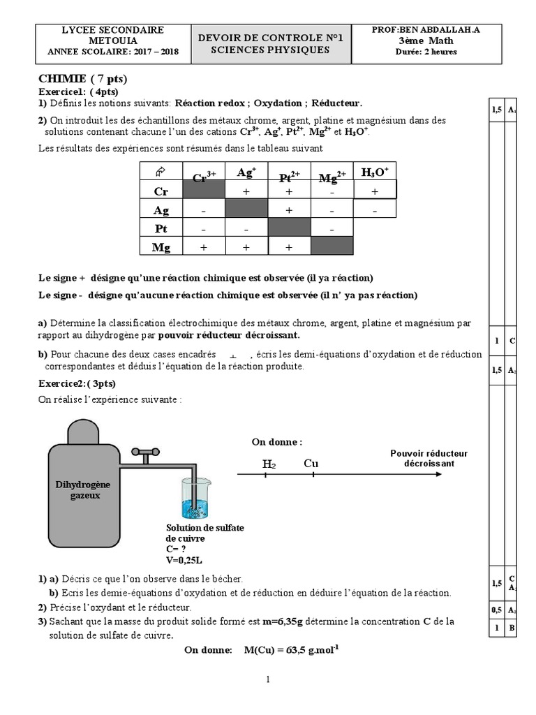 3 Maths Controle 1 MR Ahmed Ben Abdallah | PDF | Réaction d ...