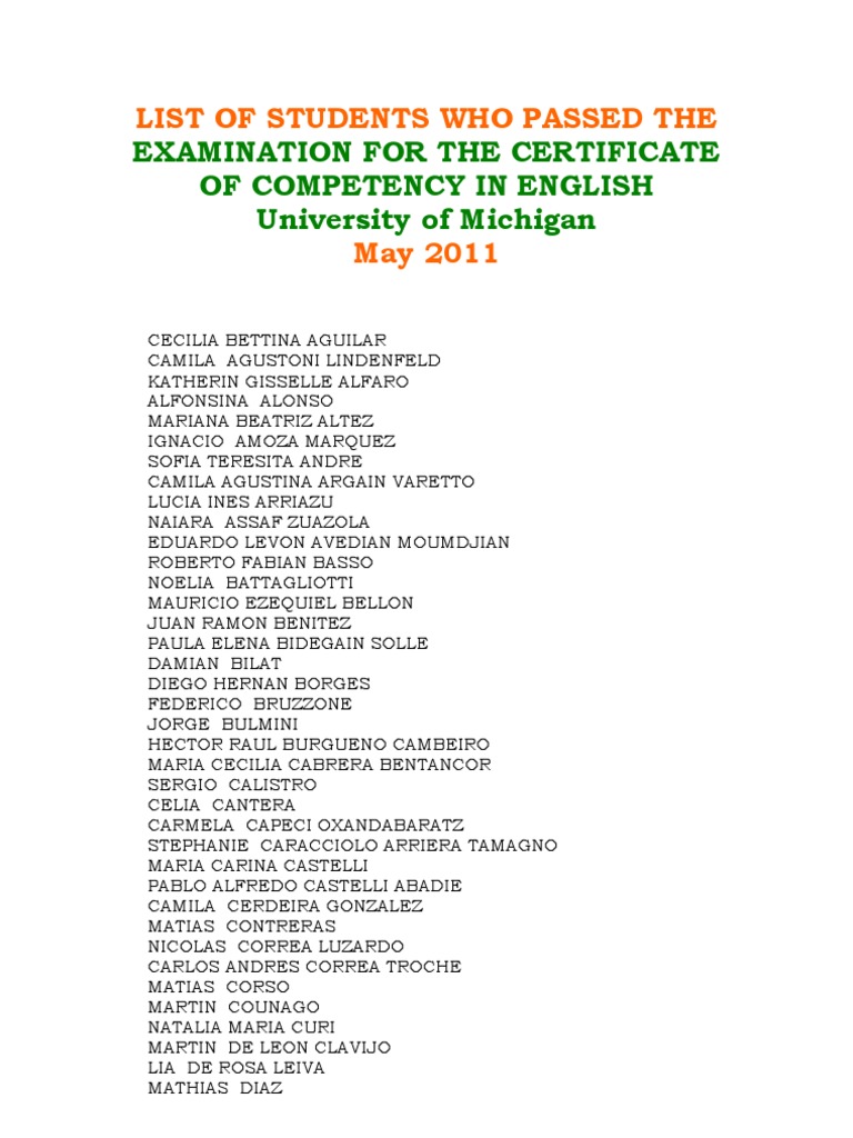 English Competency Exam Pass List | PDF