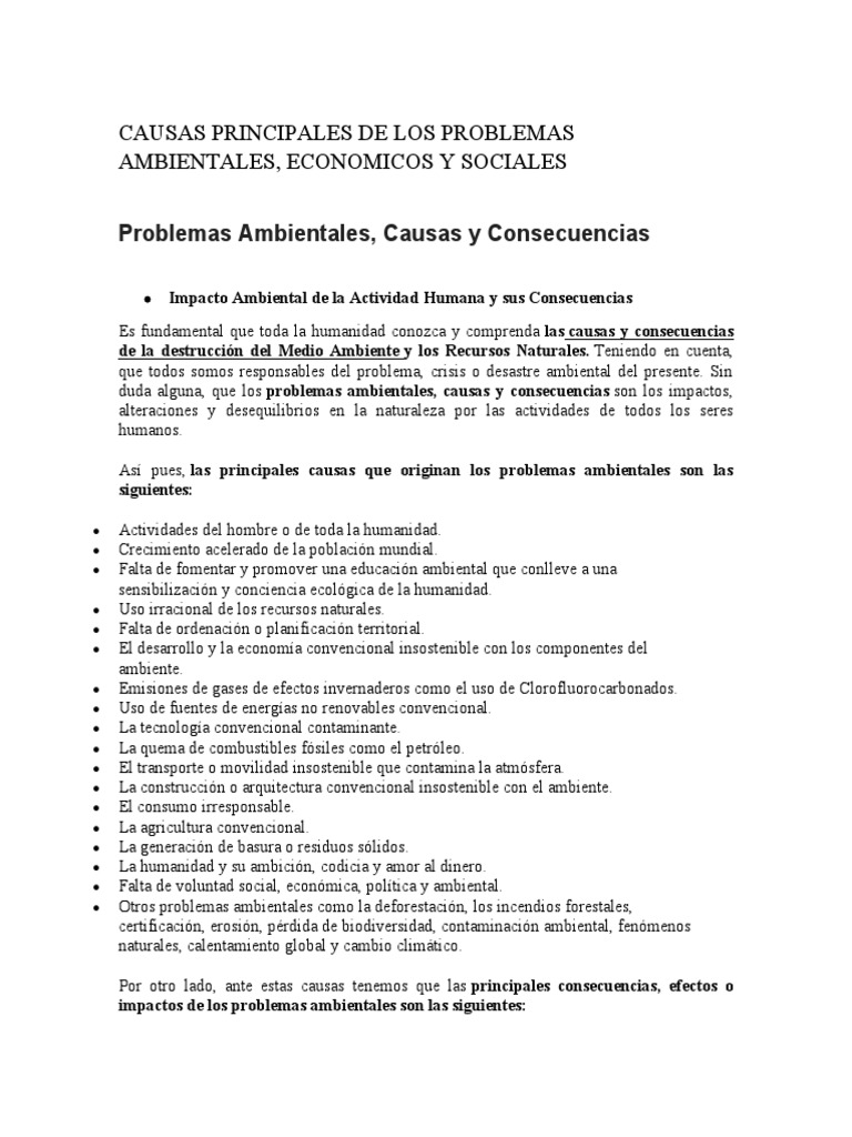 Causas Principales de Los Problemas Ambientales, Economicos y Sociales ...
