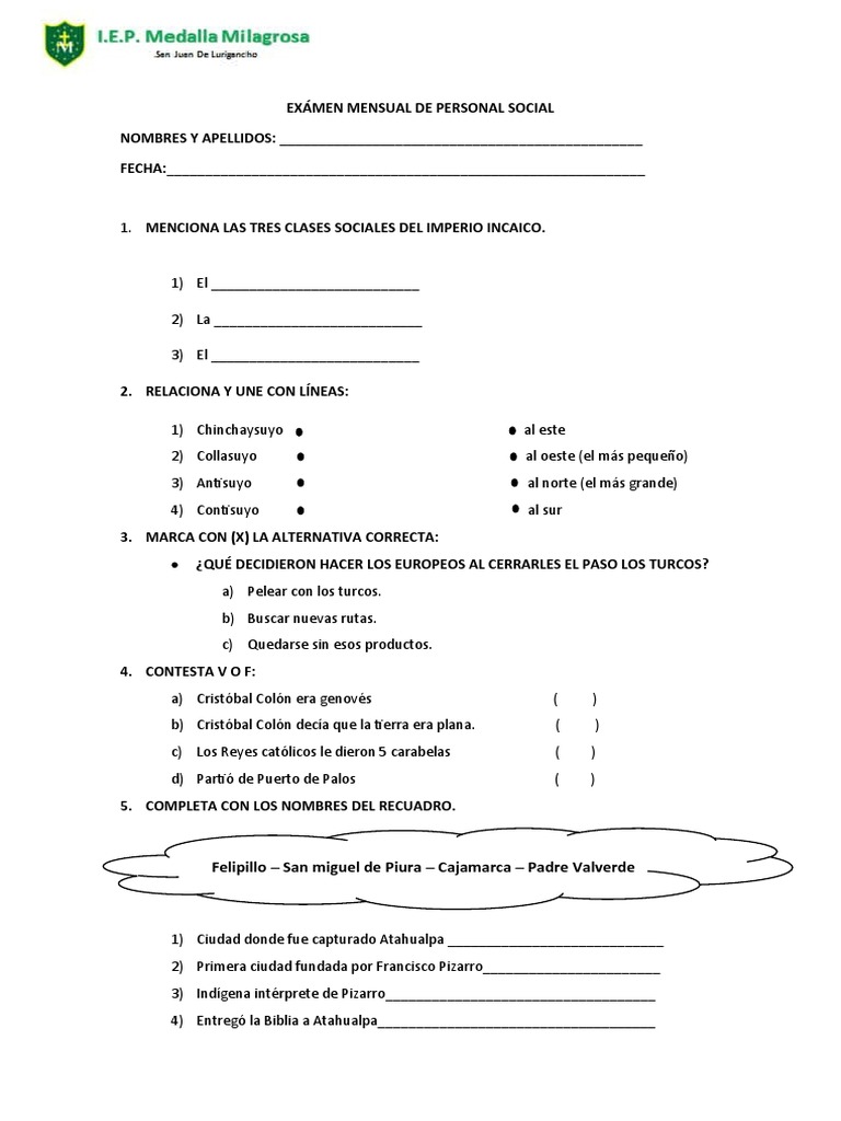 Examen Mensual de Personal Social 2° grado | PDF | Historia