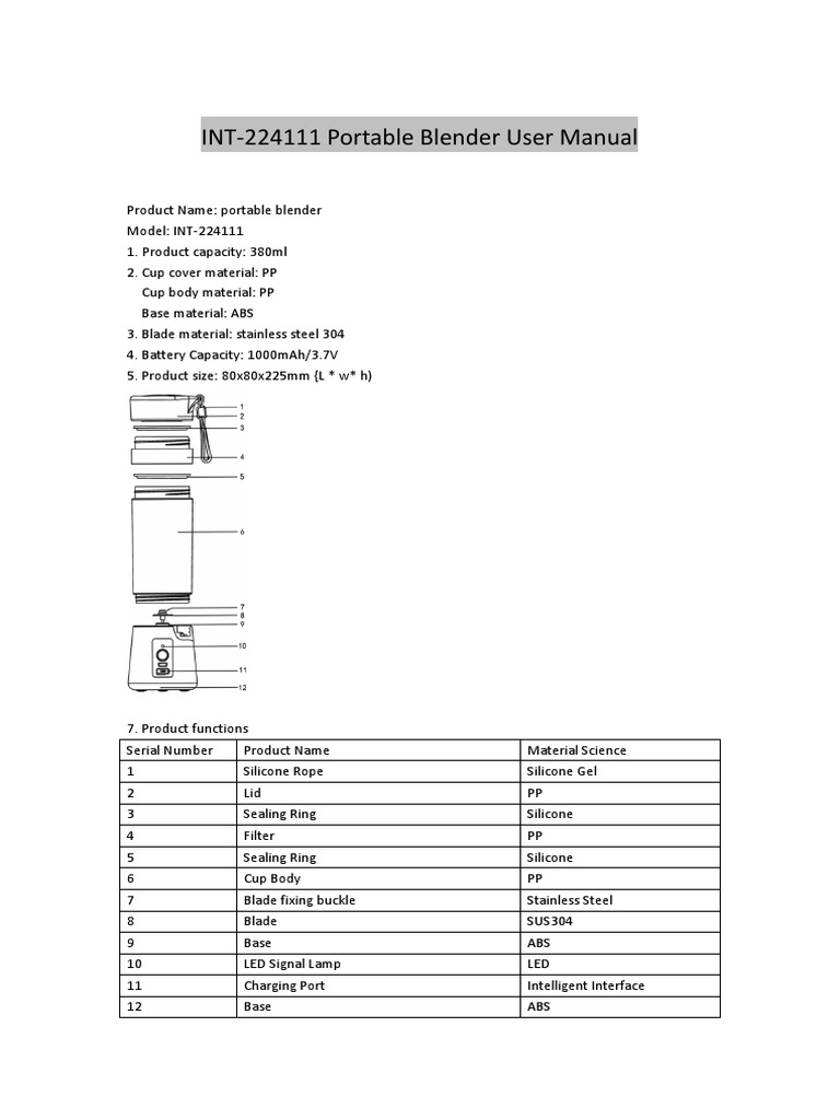 User Manual INT224111 Portable Blender PDF Juice Diet & Nutrition