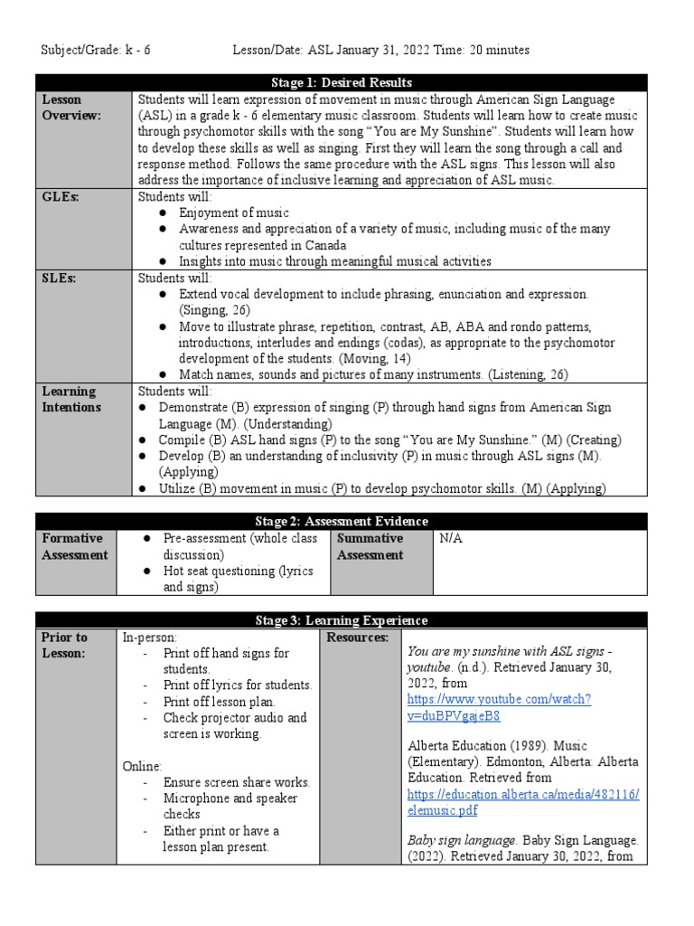 You Are My Sunshine Asl 1 | PDF | Lesson Plan | Learning