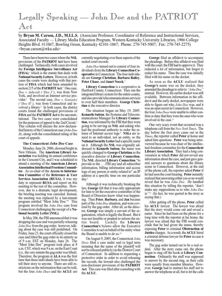 John Doe and The PATRIOT Act PDF Patriot Act Public Law