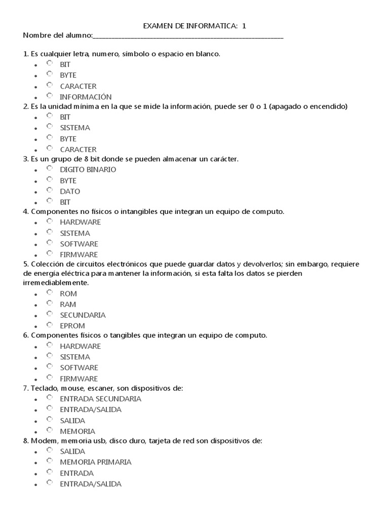 Examen de Informática para Cuarto Grado | PDF | Hardware de la ...