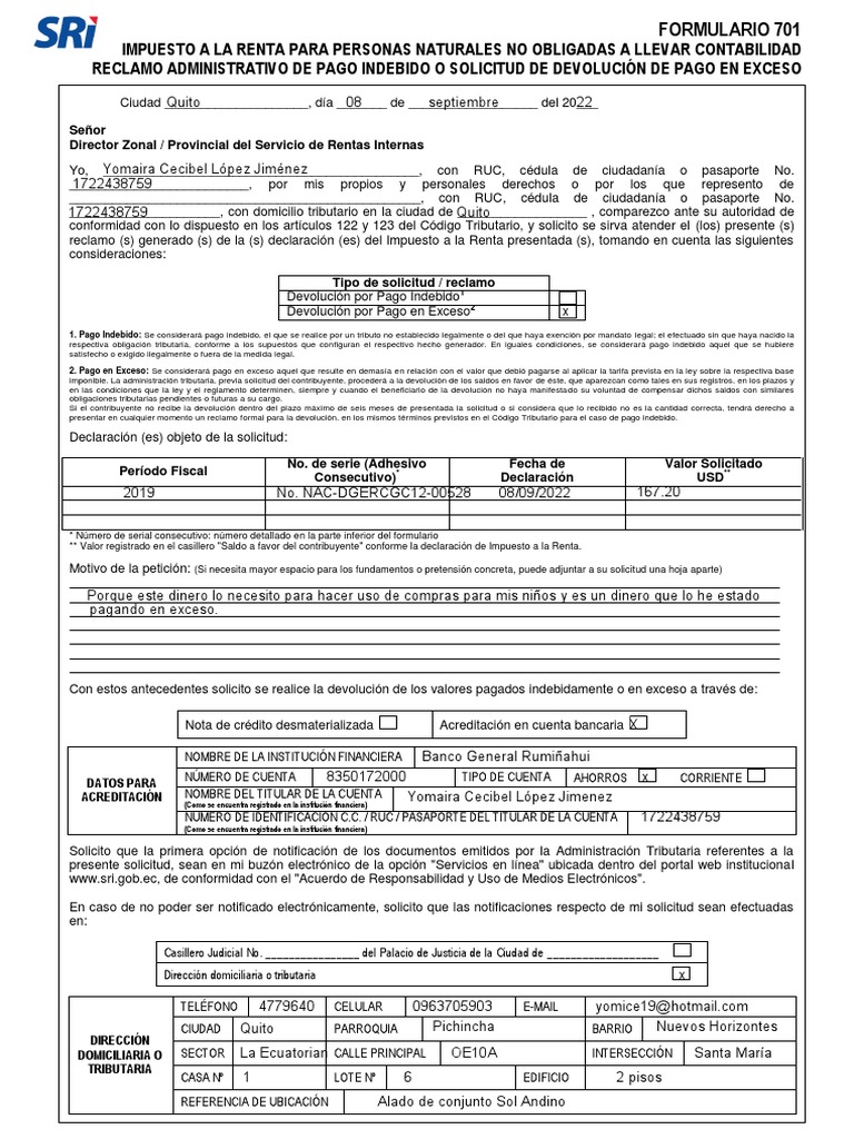 Formato Reclamo Pago Indebido o Solicitud Devolucion Pago en Exceso Por ...