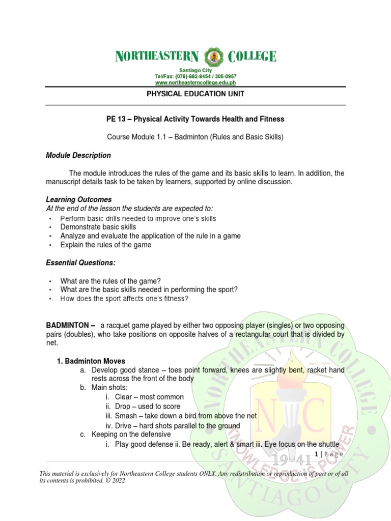 Module 1 1 Badminton Rules And Basic Skills Pdf Games Of Physical