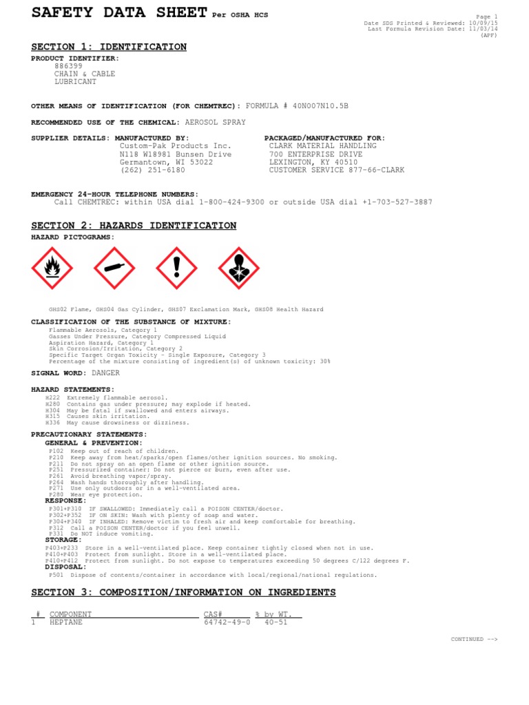 Ficha de Seguridad Lubricante de Cadena 886399 PDF Dangerous Goods