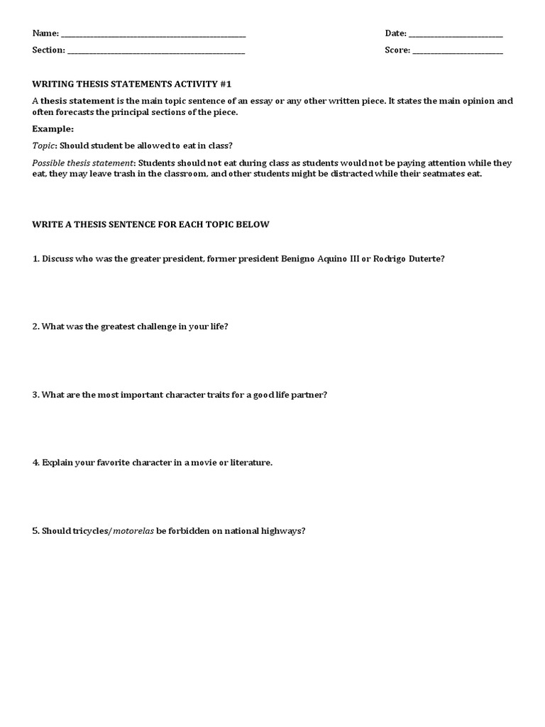 Writing Thesis Statements Activities | PDF | Career & Growth