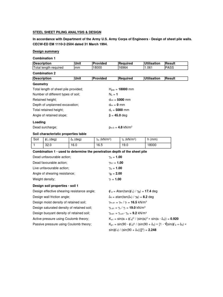 Steel Sheet Pile Design Analysis | PDF | Deep Foundation | Continuum ...