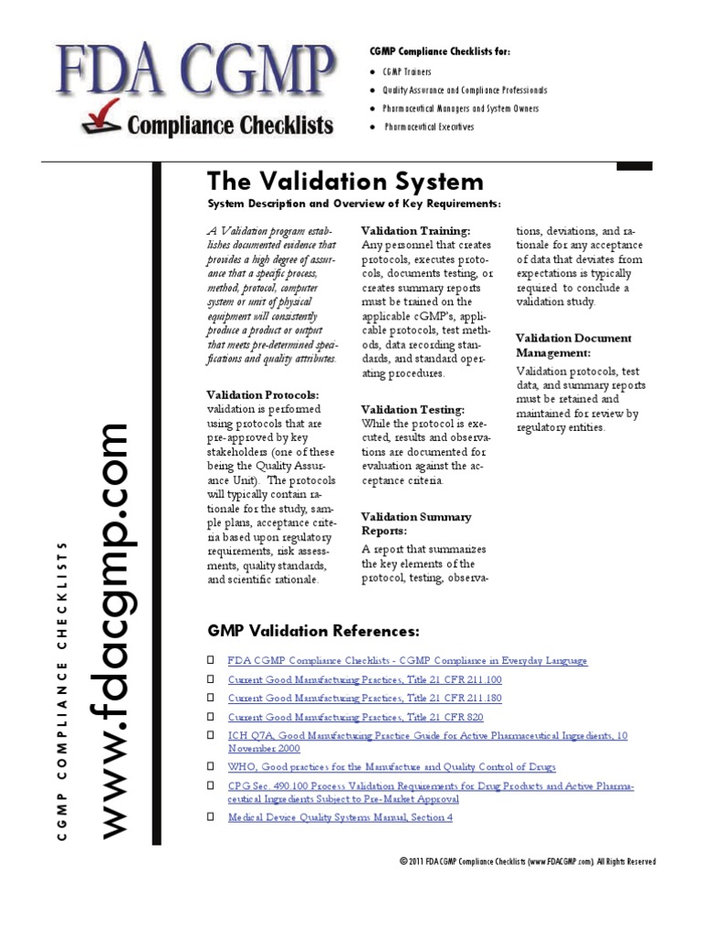 FDA CGMP Checklists: Validation | PDF | Verification And Validation ...
